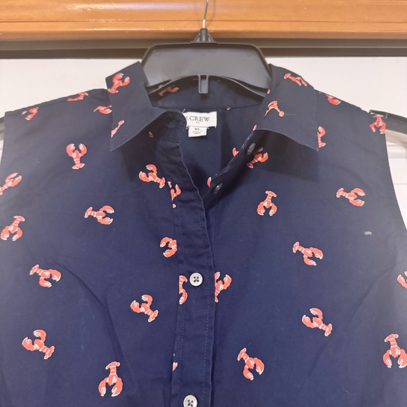 J. Crew Navy Button Down Sleeveless Blouse with Preppy Red Lobster Pattern - Picture 5 of 9